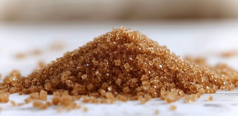 Heap of brown sugar on a light background. The concept of ingredients and culinary.
