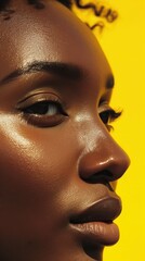 Young dark-skinned woman on a yellow background, close-up of the face. The concept of beauty and fashion.