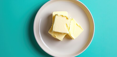 Butter on a plate against a bright blue background. The concept of cooking and ingredients.