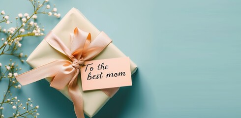 Gift with "To the best mom" note on a light blue background. The concept of celebration and gifting.