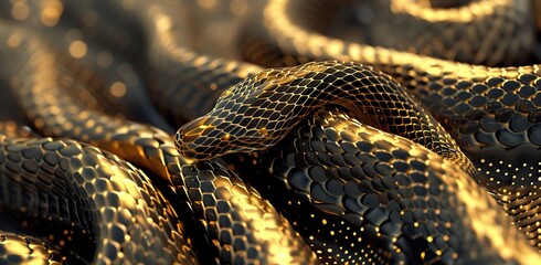 Snake with golden patterns on its body. The concept of nature and danger.