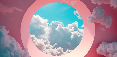 Round window with a cloudy sky. The concept of dreaming and freedom.