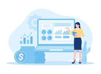 Worker analyzes sales growth graph concept flat illustration