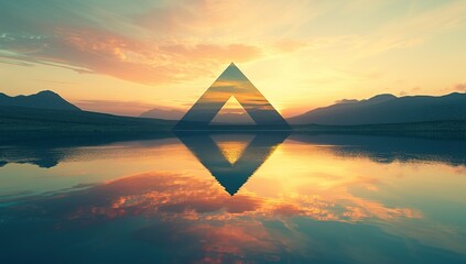 Triangular structure reflected in water against a sunset backdrop. Harmony and symmetry concept.