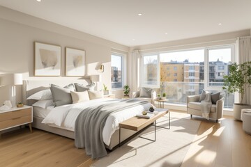 Modern scandinavian studio apartment with stylish design in light pastel colors and large window