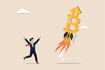 Bitcoin BTC price soaring sky high hit new high record concept, Bitcoin BTC skyrockets high to increase profits.