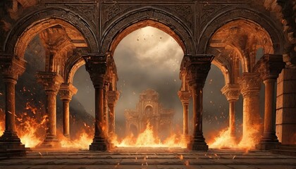Ancient classic architecture stone arches with flames - obrazy, fototapety, plakaty