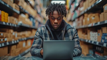 person working on laptop in warehouse