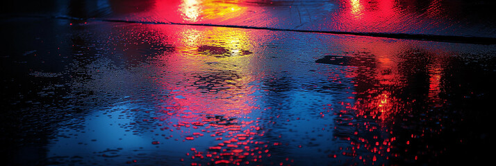 Vibrant reflections of red and blue neon lights on a wet city street after rainfall at night