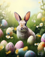 AI generated illustration of an Easter bunny sitting on green grass with Easter eggs