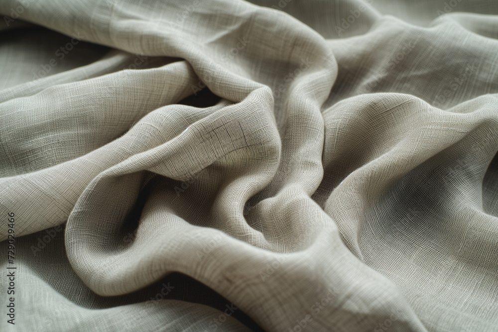 Poster close-up texture of a crumpled beige linen fabric with natural folds and visible weave, suitable for