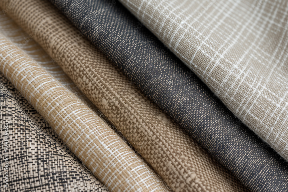 Poster assorted fabric rolls with different textures and patterns in neutral colors, suitable for interior 