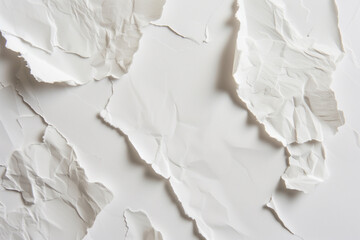 Crumpled white paper pieces spread out on a plain background, symbolizing chaos, disorganization, or the concept of starting anew, background with a place for text - obrazy, fototapety, plakaty