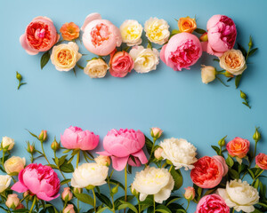 A beautifully arranged border of roses in various stages of bloom set against a calming blue backdrop
