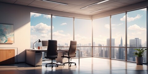 Modern office interior, panoramic windows, beautiful view outside the office - obrazy, fototapety, plakaty