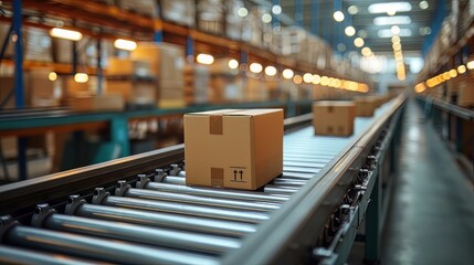 box packages seamlessly moving along a conveyor belt in a busy warehouse fulfillment center - obrazy, fototapety, plakaty