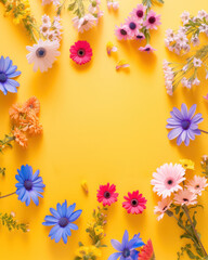 A bright and cheerful collage of various colorful flowers arranged over a sunny yellow background