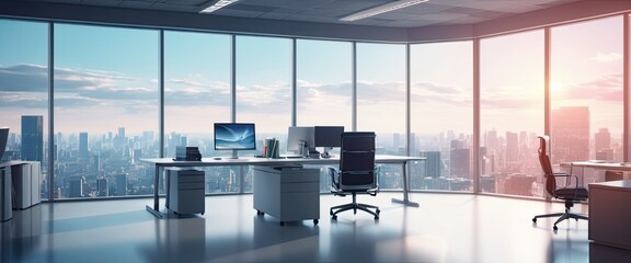 Fototapeta na wymiar Modern office interior, panoramic windows, beautiful view outside the office