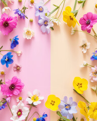 Obraz premium A diagonal split of contrasting pink and yellow hues with a collection of various spring flowers