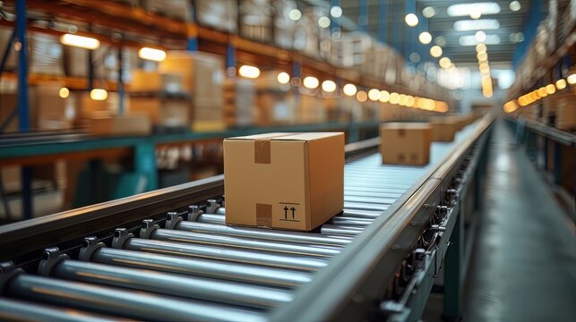 box packages seamlessly moving along a conveyor belt in a busy warehouse fulfillment center