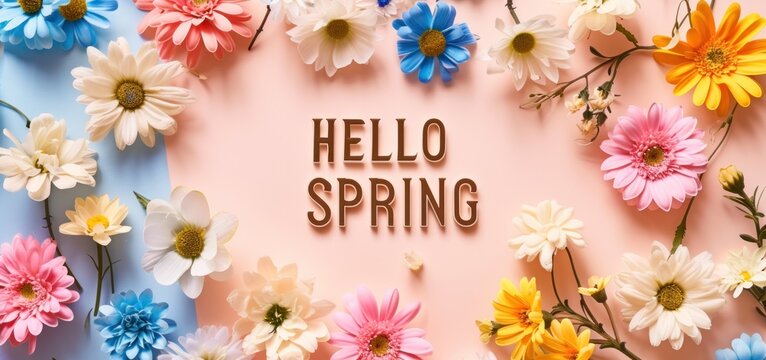 An inviting 'hello spring' message surrounded by a mix of colorful spring flowers on a soft blue and pink background