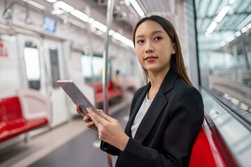 Young asian business woman with digital tablet in the skytrain