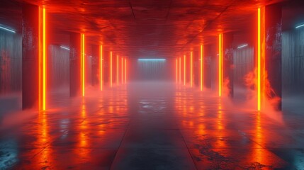 Obraz premium Futuristic studio stage dark room. Underground warehouse garage. Neon-led laser glowing orange on the concrete tiled floor