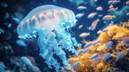 Fototapeta na wymiar A large alien jellyfish underwater, with glowing bio luminescent color. AI Generative