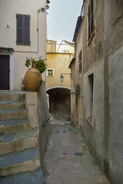 Nonza in Corsica, houses in the village, in a typical street
