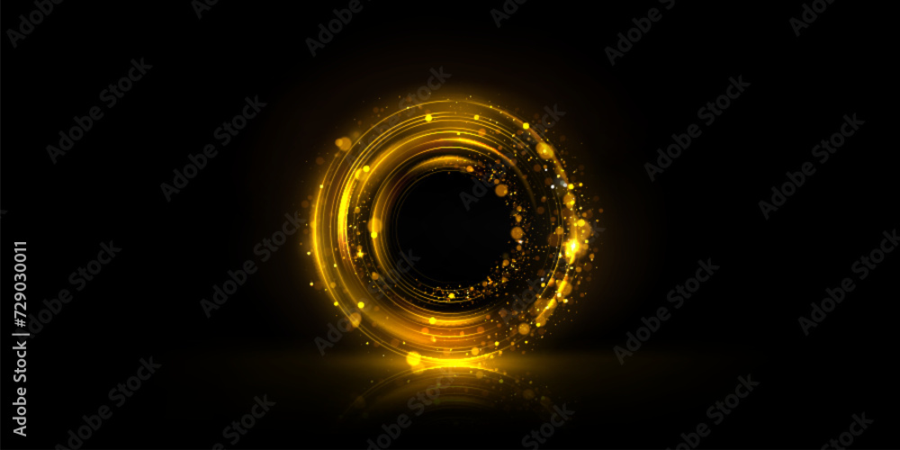 Poster circle frame with golden bokeh effect isolated on black background. vector realistic illustration of