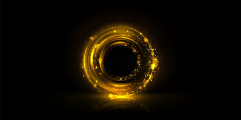 Circle frame with golden bokeh effect isolated on black background. Vector realistic illustration of round yellow border with shimmering particles and sparkles, reflection on floor, magic light effect © klyaksun