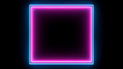 Close-up of a square frame with two-tone pink and blue neon lights on a black background. A mockup from the copy space, For photos and inscriptions.