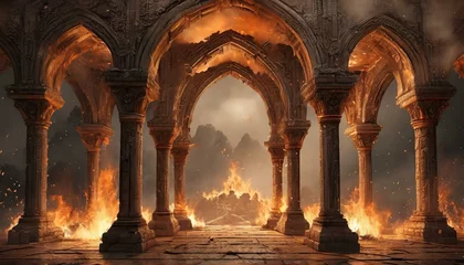 Fotobehang Ancient classic architecture stone arches with flames © bel
