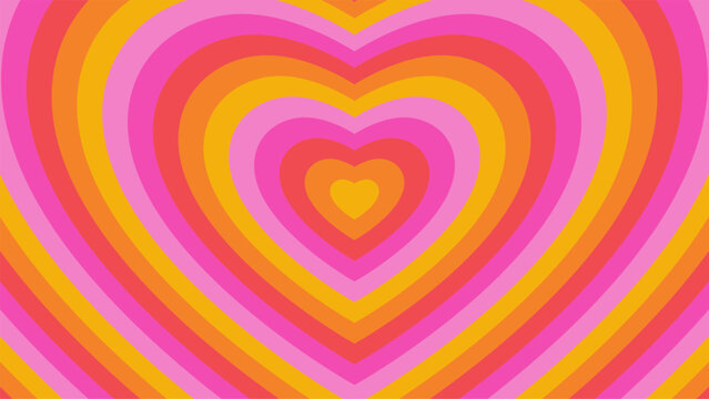 Cute vector retro abstract y2k Valentine background. Hypnotic heart shape tunnel. Groovy style caramel psychedelic concentric hearts backdrop. Colorful vintage love wallpaper. Cool modern banner