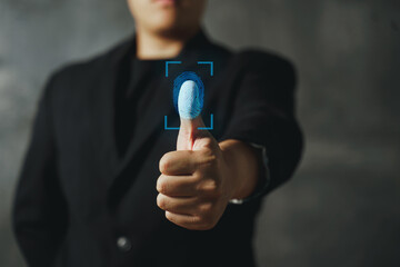 Touch screen, fingerprint scanner, biometric identity of a man hand in a blurred background .