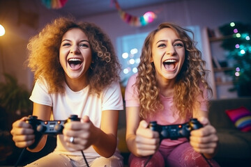 Happy friends playing video games with virtual reality glasses - Young people having fun with new  console online - Happiness and gaming concept - Focus on man face. AI Generative - obrazy, fototapety, plakaty