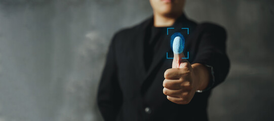 Touch screen, fingerprint scanner, biometric identity of a man hand in a blurred background .