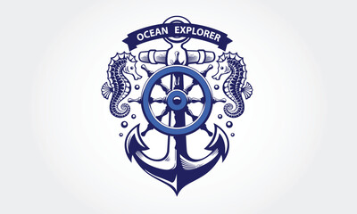 Ocean Explorer Vector Logo Template. This logo with ship anchor, and seahorse a great suitable for Diving club, sea and ocean exploration adventure nautical icon.