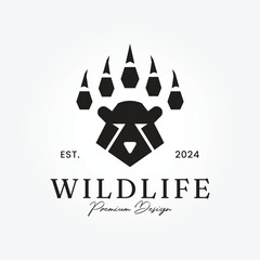 bear head, adventure logo and footprints predator badge logo vector illustration design