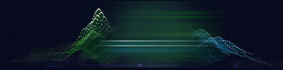 Abstract background grid polygonal wireframe graph with dots on dark blue. Technology graph concept in virtual space. Big Data. Banner for business, science and technology.