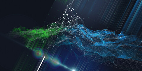 Abstract background grid polygonal wireframe graph and dots with blurred lines on dark blue. Technology graph concept in virtual space. Big Data. Banner for business, science and technology.