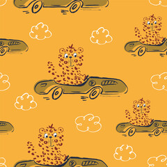 Cheetah car race funny cool summer t-shirt seamless pattern. Road trip vacation print design. Beach sports