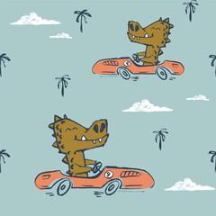 Crocodile on car funny cool summer t-shirt seamless pattern. Road trip vacation print design. Beach tropical travel - 729032071