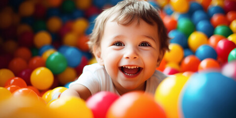 Fototapeta na wymiar Happy child in ball pit, vibrant play area, joyful toddler fun, indoor playground, colorful plastic balls, kids entertainment. AI Generative
