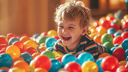 Fototapeta na wymiar Joyful child playing in colorful ball pit, perfect for kids entertainment and playground fun. AI Generative