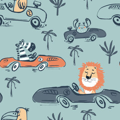 Zebra, lion, toucan car race funny cool summer t-shirt seamless pattern. Road trip vacation print design. Beach sports