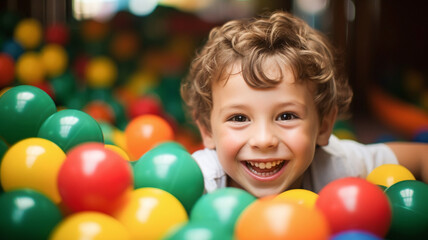 Fototapeta na wymiar Joyful boy in vibrant ball pit, ideal for children's play areas, indoor entertainment, and creative kid's room designs. AI Generative