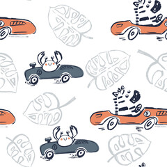 Zebra, crab car race funny cool summer t-shirt seamless pattern. Road trip vacation print design. Beach sports - 729032263