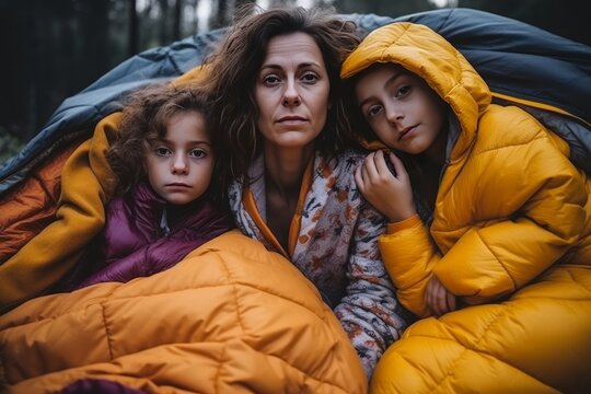 Stressed evicted family with child. financial crisis, relocating, cost of living