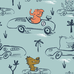 Crocodile, elephant car funny cool summer t-shirt seamless pattern. Road trip vacation print design. Beach